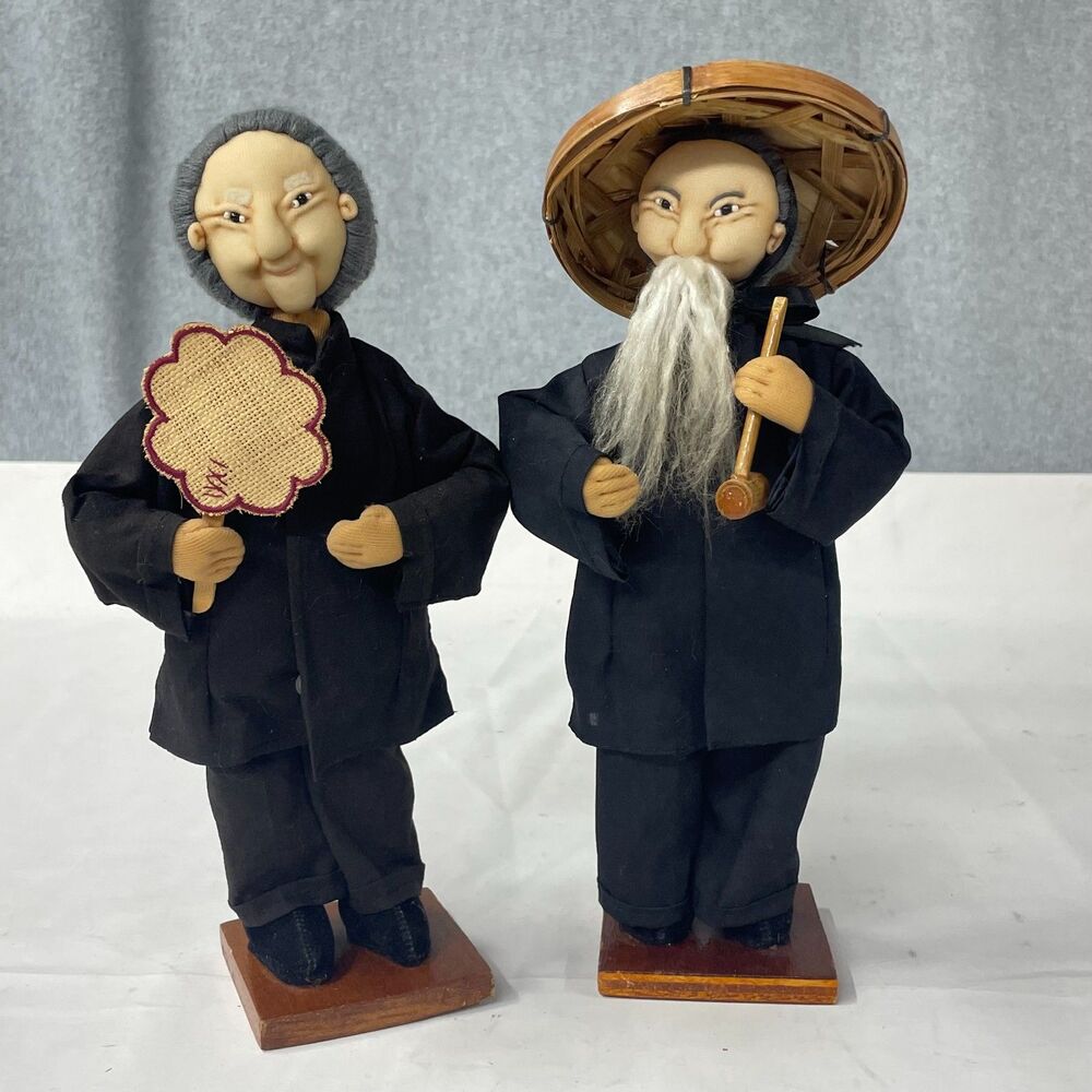 Vintage Asian Elder Couple Dolls 11" Handmade Folk Art Soft Sculpture Pair